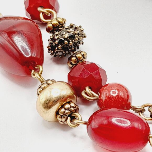 Chico’s Red Glass Beaded Necklace 38” Two Strand Gold Tone Accents Statement - Picture 7 of 11
